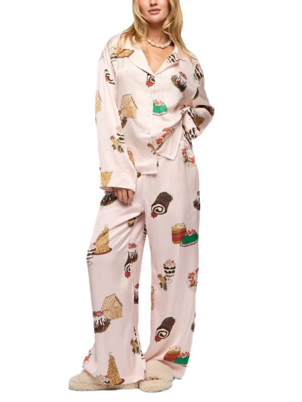 Neendi Soft Pink Satin Holiday Desserts Long Pajama Set Size S